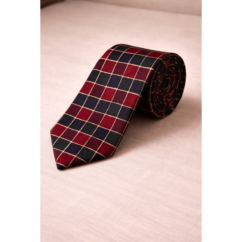 Ferrell Reed for Steinbergs Silk Tie Geometric Checkerboard Red Green Blue 59"